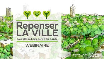 Affichette : jolie dessin de ville recouverte d'arbres verts. Il y a deux grattes ciels.