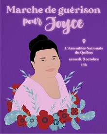 Affiche sur fond violet : peinture de Joyce, chemise rose, entourée de fleurs rouge et bleu. « Marche de guérison pour Joyce ».