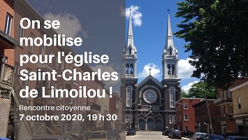 Affichette sur fond d'une photo de la rue et du devant de l'église, au soleil.