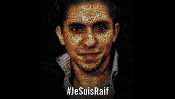 Graphisme sur fond noir : sorte de peinture de Raif mais son visage est couvert de petits mots comme politique, débat, persécuté, justice, etc.