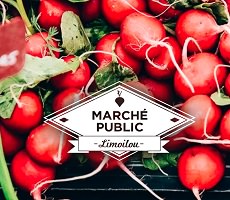 Affichette carrée : logo du Marché public Limoilou sur un tas de légumes ronds très rouges, surtout des radis.