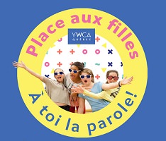 Sur fond bleu-mauve, quatre jeunes filles adoptent une pose de groupe très dynamique, au centre d'un cercle jaune. Elles portent des lunettes de soleil et semblent crier.