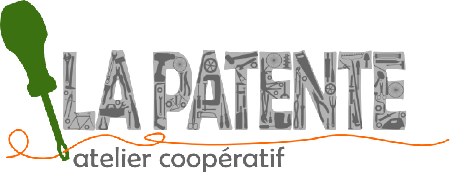 Logo : dessin d'une tournevis vert. La Patente, en lettres majuscules grises, dans lesquelles on discerne des rouages, outils, etc. « atelier coopératif »