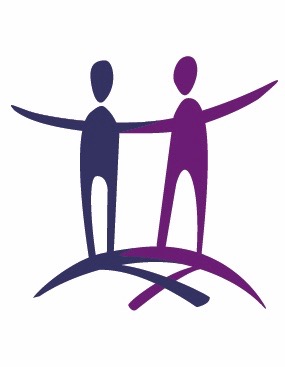 L'image du logo : deux bonhommes allumettes, unis par les bras, un bleu-mauve et l'autre violet.