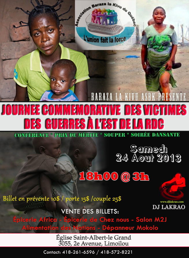 Journée commémorative des victimes des guerres à l'Est de la RDC. Photos : une jeune mère africain et son enfant: une grande fatigue se lit sur son visage. Une autre femme, un enfant visible sur son dos, marche en pleurant. Détails transcrits ci-dessous...