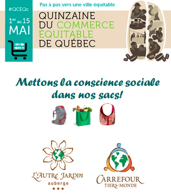 affichette : dessin d'ombres brunâtres de personnages parents et travailleurs agricoles, dont des grains de café. Au milieu, trois dessins de sacs : sacs-à-dos, sacs d'emplettes, sacoche. Au bas, les logos de L'Autre Jardin et de Carrefour Tiers-Monde