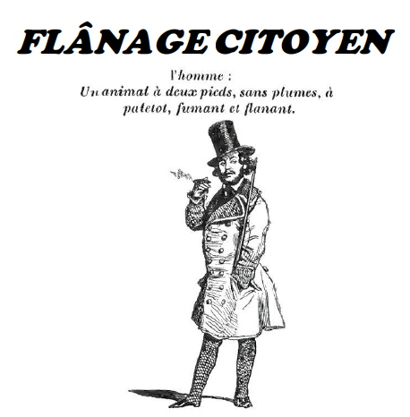 Affichette : dessin ancien d'un homme portant un chapeau haute forme et fumant une cigarette, portant un long veston d'époque. L'homme : un animal à deux pieds, sans plumes, à paletot, fumant et flânant.