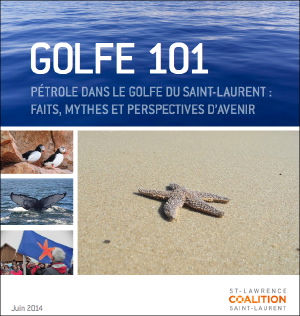 Page couverture du rapport de la Coalition Saint-Laurent : photo de masse d'eau bleue, couverte par un ciel bleu. Trois photos d'animaux des côtes et plages. Juin 2014