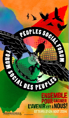 Page couverture du programme du FSP : un oie aux ailes déployées, la forme du Canada en son sein, des oiseaux volent un haut, quatre couleurs semblent présenter quatre directions.