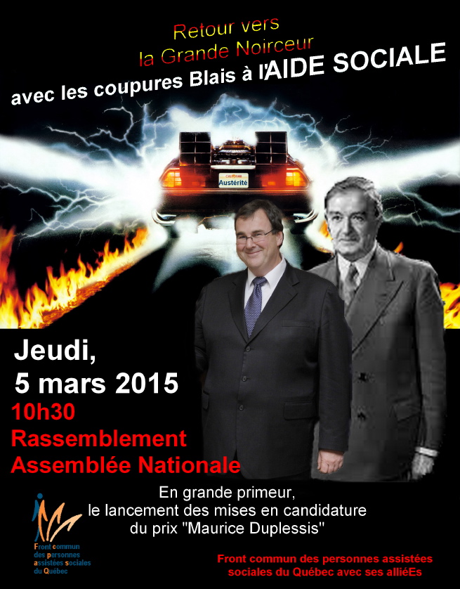 Affiche : voiture enflammée du film Retour vers le future. Un ministre un peu gras en couleur, mais derrière lui un ancien ministre en gris.