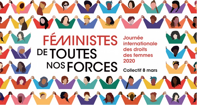 Affiche du 8 mars 2020 au Québec produite pour la FFQ. Une centaine de petits personnages colorés, les bras levés. « Féministes de toutes nos forces ».
