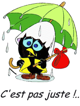 Calimero, un personne de bande animée qui est un petit oiseau noir portant une demi-coquille d'oeuf comme chapeau, tient un parapluie vert et un baluchon rouge en même temps. Il pleut. Texte : C'est pas juste !