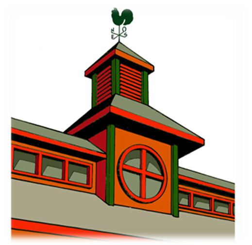 Dessin coloré du toit d'un marché : en bois, rouge, orange et vert, avec une girouette en forme de coq.