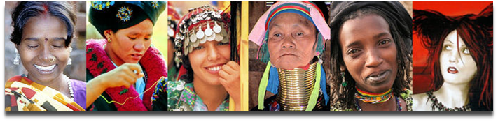 Six photos de femmes de cultures diverses : Inde, Népal, autochtone du Nord, Africaines, Gothique.