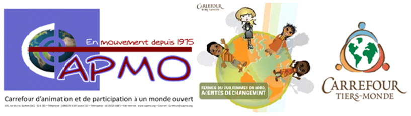Deux logos : CAPMO [le C est une spirale à travers laquelle on voit la planète Terre] En mouvement depuis 1975. Carrefour Tiers-Monde: 4 enfants debouts sur une planète Terre de couleur orange et verte.