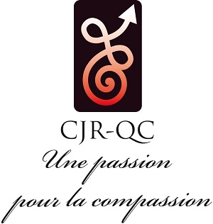 Logo du Centre Justice réparatrice de Québec : sur fond noir, une seule flèche courbe comme un clef de sol et pointe vers le haut. Une passion pour la compassion