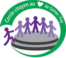 Logo: six petits bonhommes allumettes, se tenant la main, montant sur une plaque ronde grise. Diverses teintes de mauve.