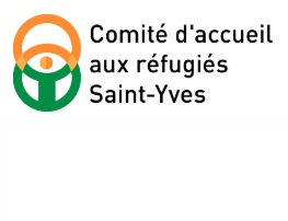 Logo : Comité d'accueil des réfugiés Saint-Yves. Un cercle orange et un cercle vert se juxtaposent. Au centre, ressemble à un bonhomme.