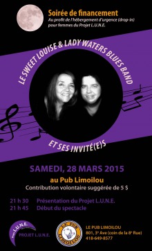 Affiche sur fond mauve avec deux accords de musique. Photo du visage de deux femmes souriantes au milieu.