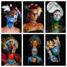 Six photos de femmes au visage peinturée de manière très artistique. Difficile à décrire : beaucoup de bleu ciel, rappellent des oiseaux tropicaux.