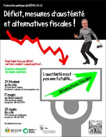 Affiche : le pm Couillard, vêtu en voleur (gillet rayé noir/blanc) partant avec un sac indiqué IMPÔTS. Une flèche rouge de type graphique économique descend. L'austérité n'est pas une fatalité. Alternatives fiscales (flèche verte montant)