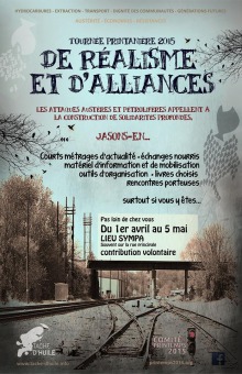 Affiche : belle photo d'une voie ferrée noircie, du ciel, arbres autour. Dessin militant où une foule de petits poissons tentent de dévorer un gros poisson.