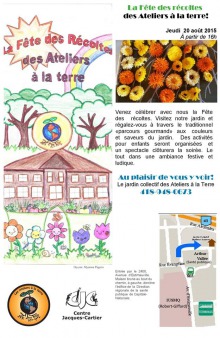 Affiche : dessin d'une école en forêt devancée par un jardin aux légumes et fleurs colorés. Photo de fleurs sauvages. Logo du CJC.