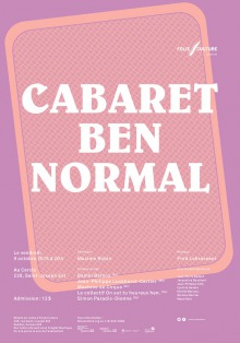 affiche : carte rose sur fond mauve. Folie/Culture présente le Cabaret ben normal !