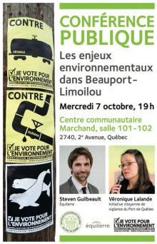 Affiche : sur la gauche, un pôteau avec trois affiches citoyennes contre le pétrole et pour sauver les animaux des dégâts. À droite, portraits de Guilbeault (homme, cheveux bruns courts, courte barbe) et Lalande (femme, cheveux longs bruns, lunettes).