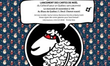 Affichette : dessin comique d'un mouton intelligent, portant un masque rouge sur les yeux, avec une bulle de parole nommant les coordonnées de l'événement. Sur fond de petits dessins de Noël.