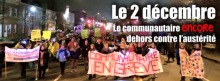 Bannière web : photo du devant d'une foule manifestante le soir à Québec. Les gens en avant tiennent une bannière « Communautaire en grève ». Titre : Le communautaire encore dehors contre l'austérité
