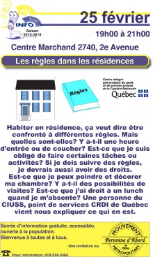 Affiche avec les mêmes info : dessin du devant d'une maison ; d'un livre et logo du CIUSSS.