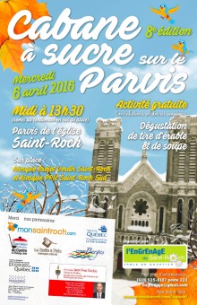 Affiche : dessin sur photo de l'église St-Roch avec un ciel bleu et quelques nuages. Deux feuilles d'érables oranges. Plusieurs logos.