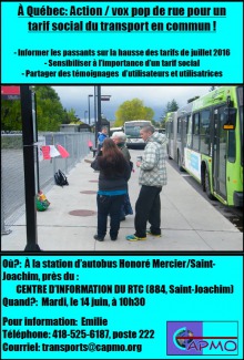 Affiche : photo de deux femmes membres du CAPMO consultant un jeune homme sur le trottoir à côté d'un autobus du RTC. Les informations sont dans l'annonce ci-contre.