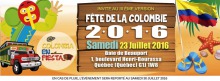 Bannière web sur fond d'une page dessinée avec un écriteau en bois au milieu : Fête de la Colombie 2016. Une sorte de clown éléphant vert, jaune, avec un masque rouge, salue de la main. Dessins : drapeau jaune, bleu, rouge ; étoile de mer, sandales, camion.