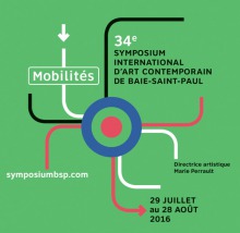 Affichette sur fond vert pomme : comme des lignes de métro qui passent tous par un centre ressemblant un peu à une cible rouge. Le mot Mobilités est encadré subtilement. 29 juillet au 28 août 2016.