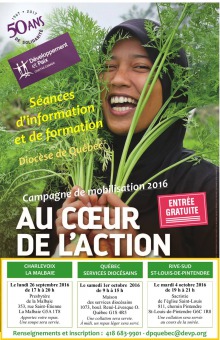 Affiche : une jeune femme au teint de peau asiatique, couvrant ses cheveux, sourit grandement en tenant des légumes verts cueillis. 50 ans - Développement et Paix. Au coeur de l'action. Entrée gratuite. Les détails sont transcrits dans l'annonce ici.