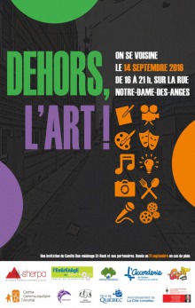 Affiche sur fond sombre d'une rue, mais avec des icônes oranges vifs : crayon, caméra, musique, lumière, etc. Deshors l'art ! en grandes lettres vertes et mauves. On se voisine le 14 septembre 2016.