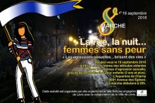 Bannière web / affiche sur fond de photo d'une rue la nuit. Dessin superposé d'une jeune femme tenant au-dessus de sa tête un long fanion bleu. 8e marche. Petit logo de la Ville indiquant son appui.