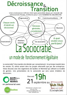 Affiche : Décroissance & Transition - Sociocratie.  Des cercles ici et là, liés par des lignes, contiennent des concepts comme « Chaque cercle d'intérêt est décisionnel », « Communications », « Réunions », etc.