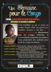 Affiche sur fond noir : photo d'une jeune femme africaine avec les mots L'homme qui répare les femmes. - Une semaine pour le Congo. Les détails sont transcrits dans l'annonce ici.