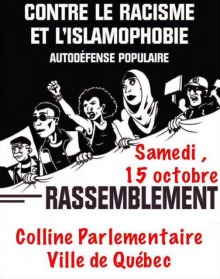 Affiche : dessin de six personnes différentes —asiatique, noir, musulmane, etc.— tenant ensemble une bannière. Contre le racisme et l'islamophobie - Autodéfense populaire.