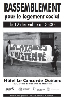 Affiche : photo en tons de gris de deux personnes tenant une bannière Locataires contre l'austérité, devant un mur extérieur de style granit. Logos: FRAPRU, ComPop, CLAL, un autre trop petit.