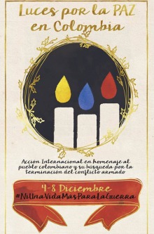 Affiche sur fond beige : chandelles blanches, aux flammes jaune, bleu et rouge. Quelques lignes descriptives en espagnol.