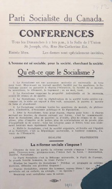 Sur papier beige, tract annonçant les conférences organisées par le Parti socialiste du Canada à Montréal vers 1911.