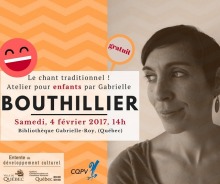 Affiche : portrait de profil de madame Bouthillier : cheveux courts, boucle d'oreille, elle regarde vers le côté...  Bonhommes sourire rouge. Logo de la Ville et du COPV.