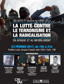 Affiche sur fond d'une photo de trois jeunes hommes gagoulés avec des motifs de clans arabes. Portraits des cinq conférencier-ières. Logo : CIRAM & CIMAL.