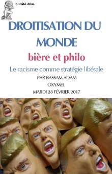 Affiche ressemblant à une page couverture de livre: mosaïque de visage plastifié de Trump qui semble crier de manière enragée. Logo du Comité Atlas, soit Atlas tenant la Terre sur ses épaules.