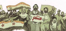 Dessin sur ton de gris-brun : foule d'hommes et femmes arabes manifestant, tenant des drapeux, pancartes, etc.