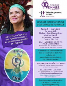 Affiche sur fond mauve : photo de Luz Estella Cifuentes au regard souriant, portant un bandeau turquoise. Logo du Centre femmes de Portneuf et de Développement et Paix. Les détails sont transcrits dans l'annonce.